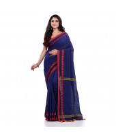 Women`s Traditional Bengali Tant Handloom Cotton Saree Loveria Design With Blouse Piece(Deep Blue)